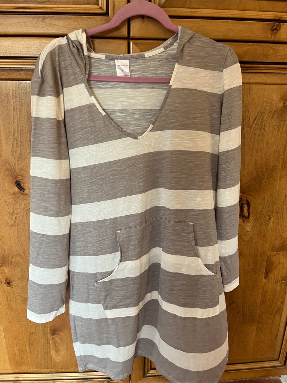 Merona Hooded V-Neck Tunic in Gray and Cream Stripes